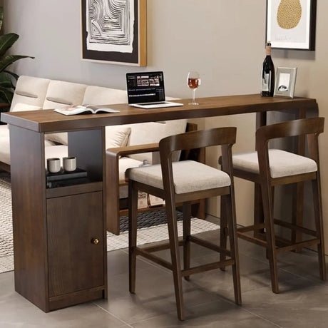 Modern Wooden Bar Table Set with Storage and High Stools Image - 2