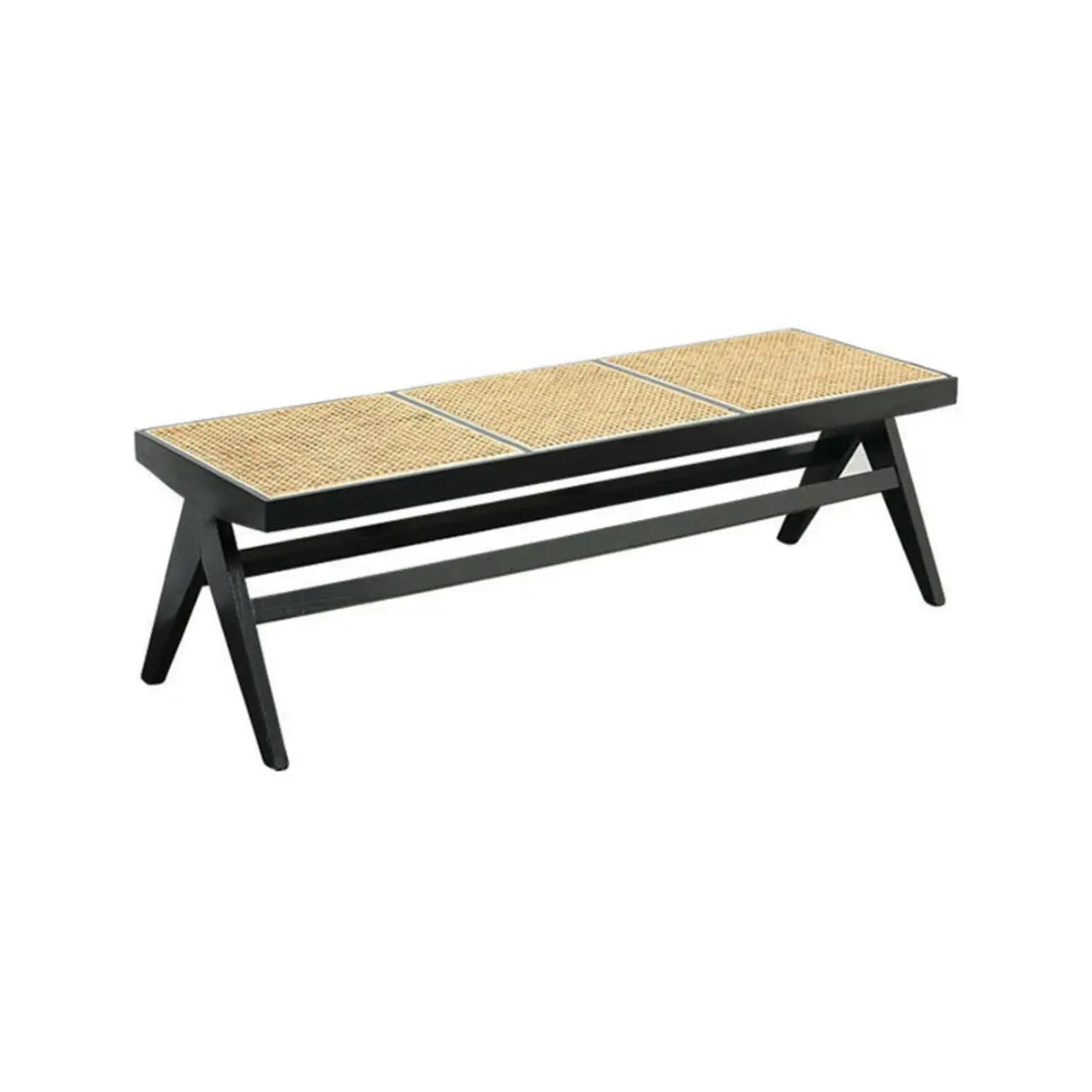 Modern Wooden Bench & Stool Set with Woven Rattan Seat Image - 5