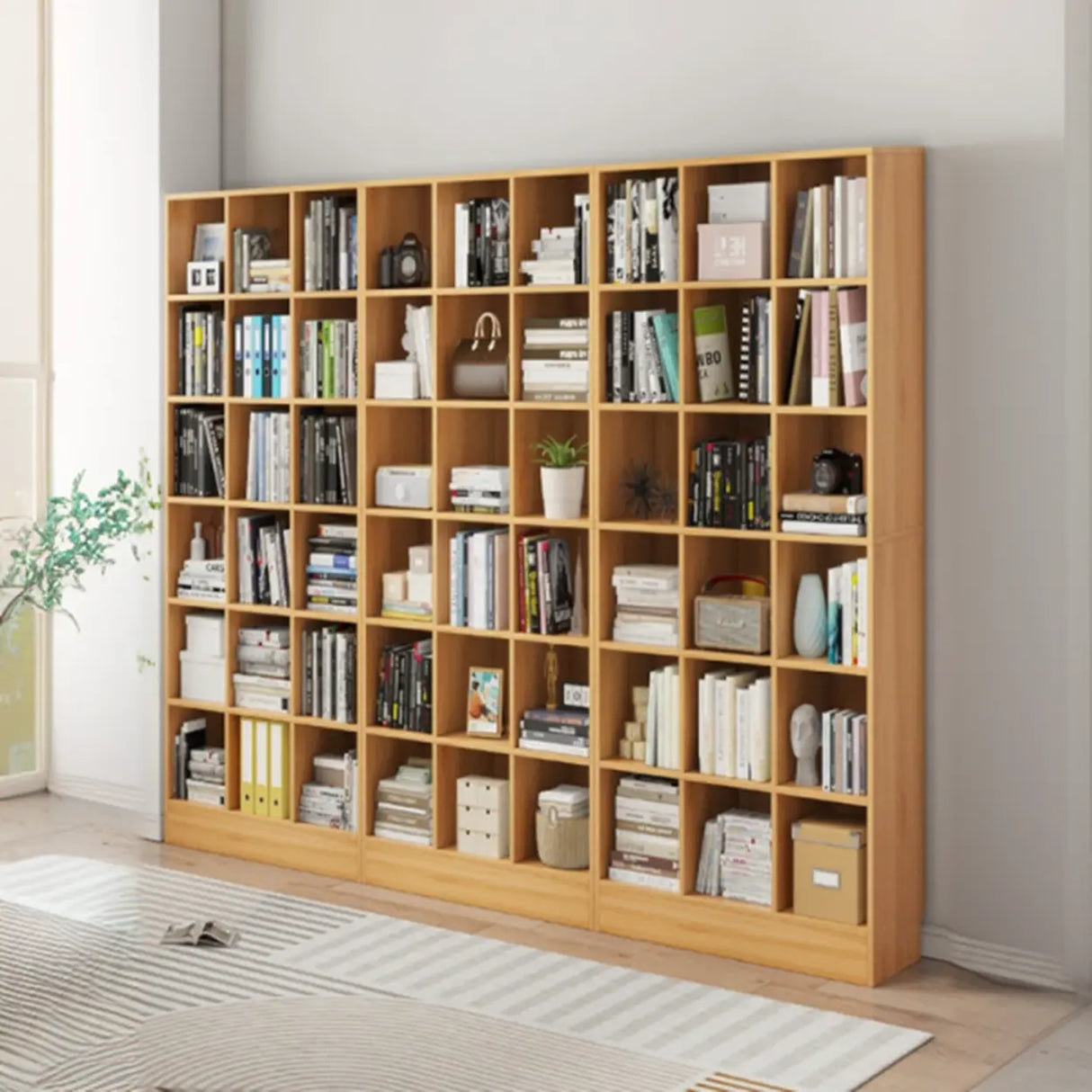 Modern Wooden Grid Design Oak Tall Library Bookcase Image - 1