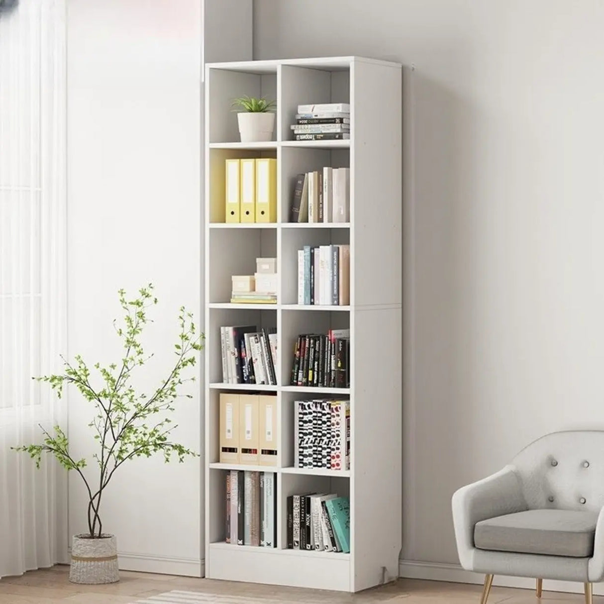 Modern Wooden Grid Design Oak Tall Library Bookcase Image - 2