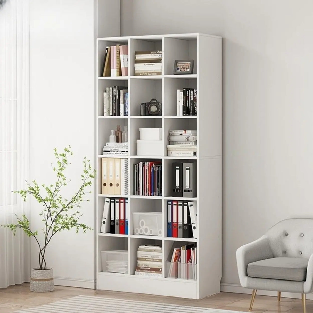 Modern Wooden Grid Design Oak Tall Library Bookcase Image - 3