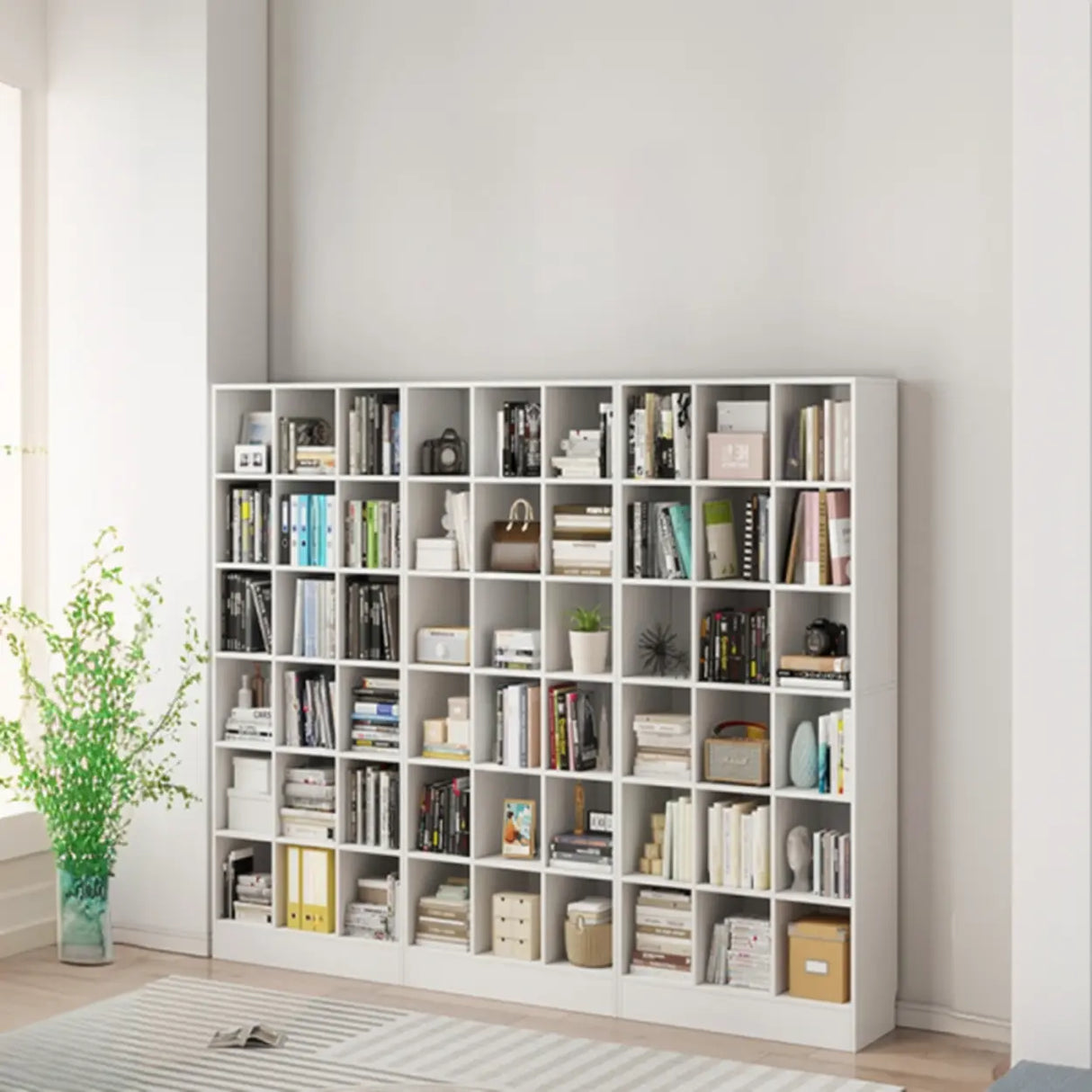Modern Wooden Grid Design Oak Tall Library Bookcase Image - 4