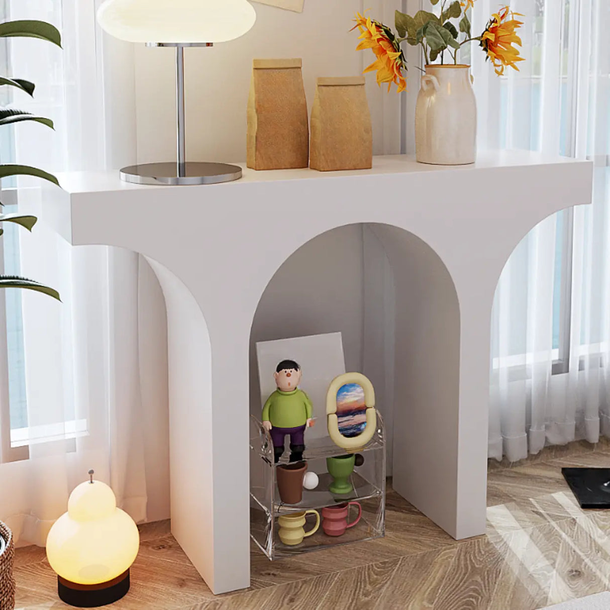 Modish Arch Base White Wood Rectangle Foyer Console Table Image - 4
