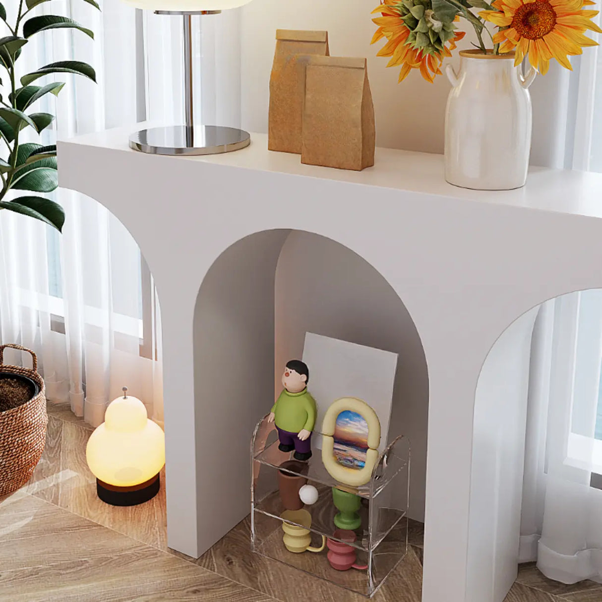Modish Arch Base White Wood Rectangle Foyer Console Table Image - 5