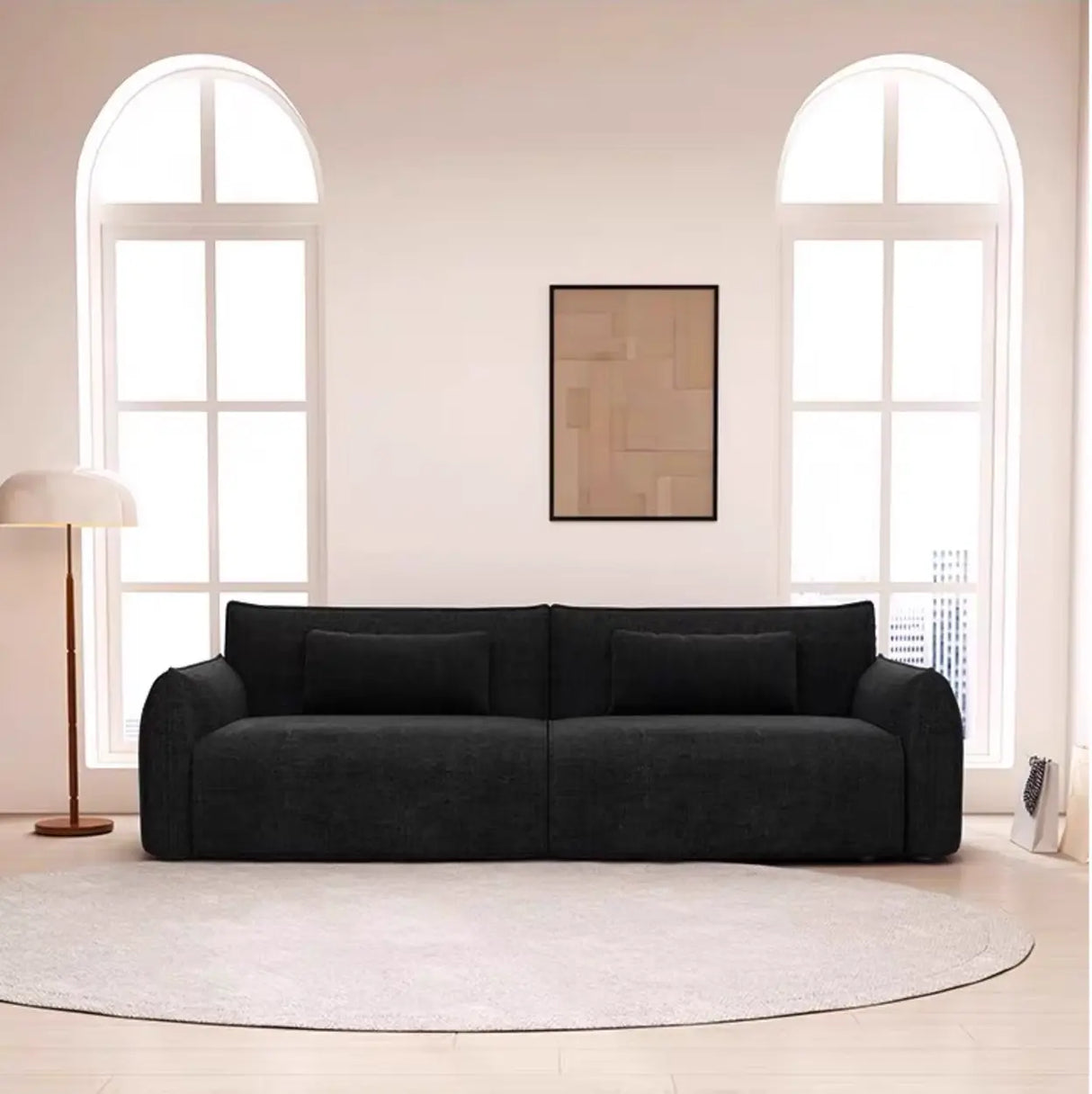 Modish Black Chenille Square Arm Pillow Back Sofa Image - 3