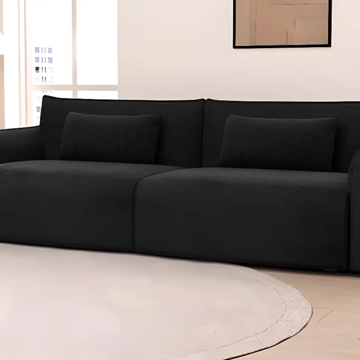Modish Black Chenille Square Arm Pillow Back Sofa Image - 5