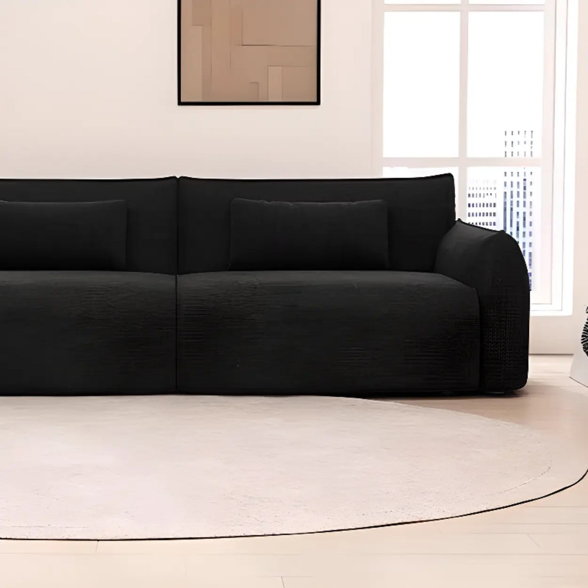 Modish Black Chenille Square Arm Pillow Back Sofa Image - 6