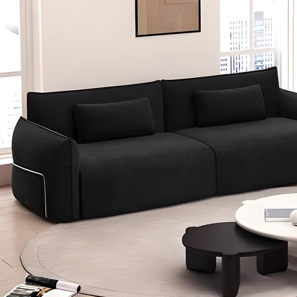 Modish Black Chenille Square Arm Pillow Back Sofa Image - 7