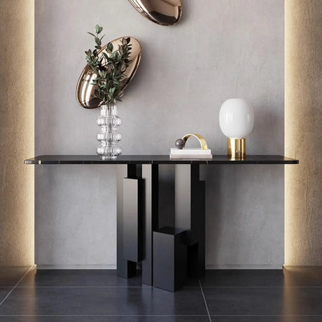 Modish Black Metal Pedestal Stone Rectangular Console Table Image - 1