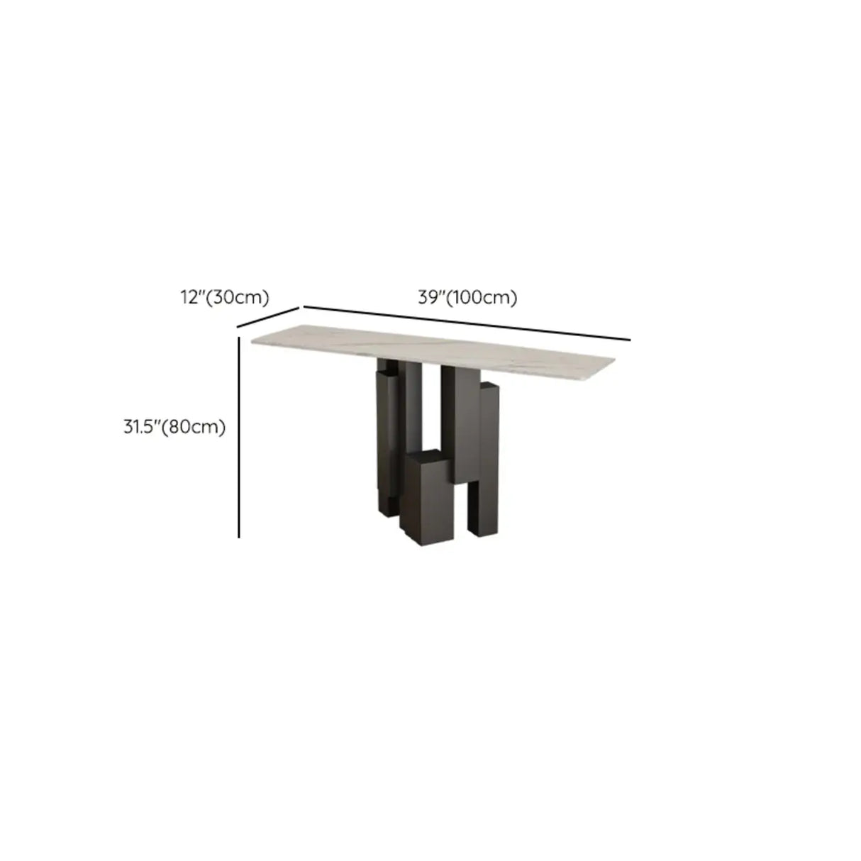 Modish Black Metal Pedestal Stone Rectangular Console Table Image - 12