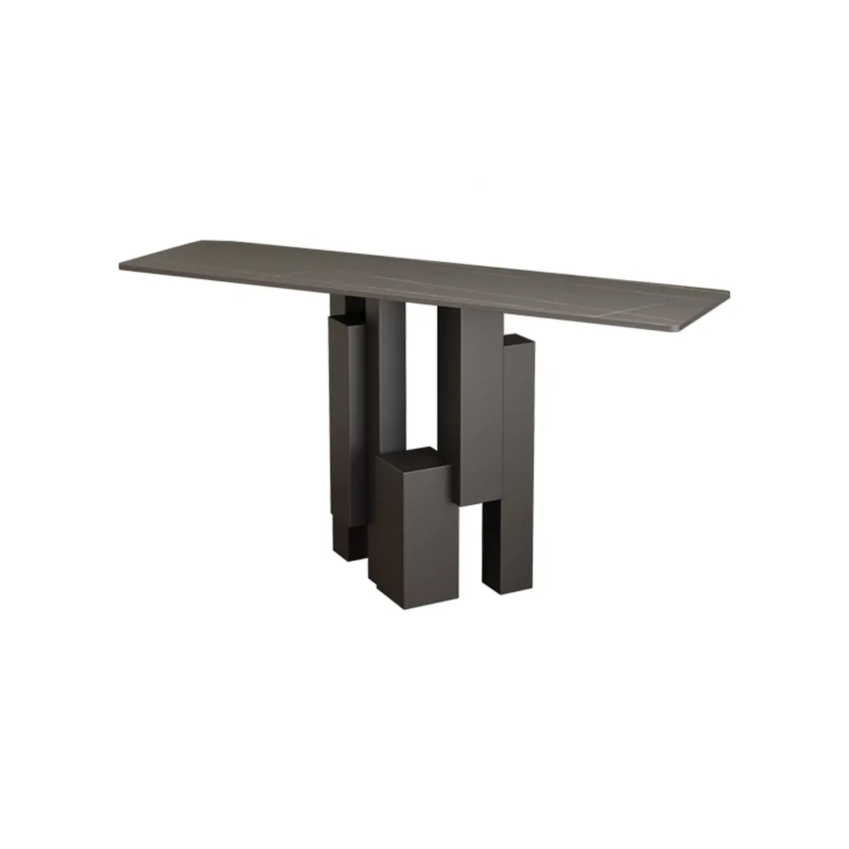 Modish Black Metal Pedestal Stone Rectangular Console Table Image - 2