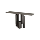 Modish Black Metal Pedestal Stone Rectangular Console Table Image - 2