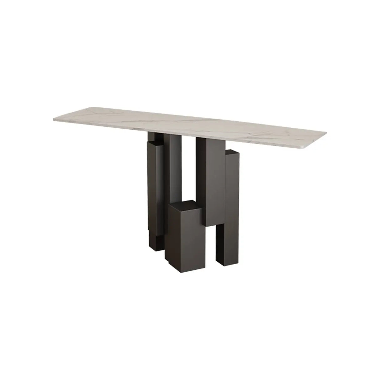 Modish Black Metal Pedestal Stone Rectangular Console Table Image - 3