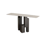 Modish Black Metal Pedestal Stone Rectangular Console Table Image - 3