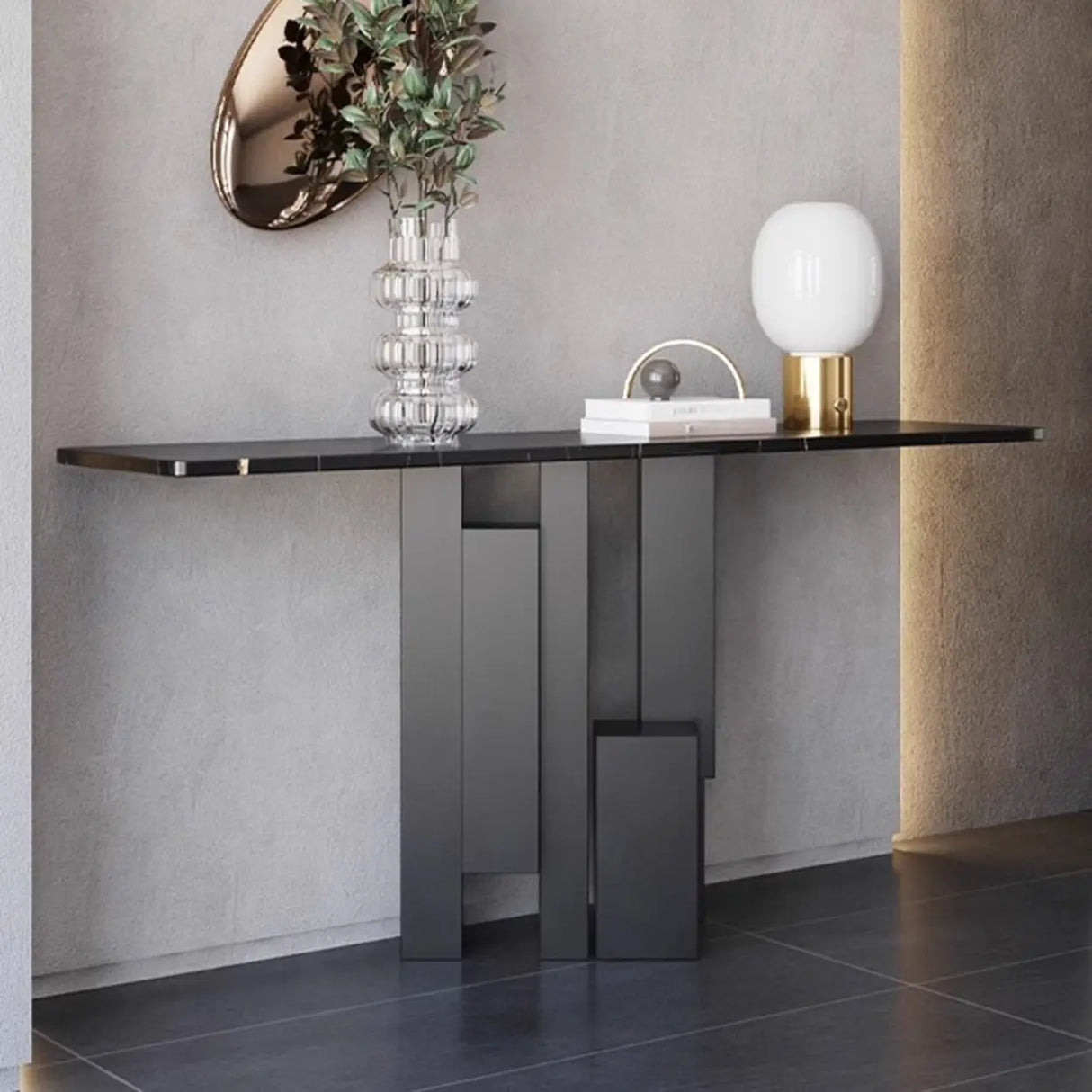 Modish Black Metal Pedestal Stone Rectangular Console Table Image - 6