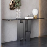 Modish Black Metal Pedestal Stone Rectangular Console Table Image - 6