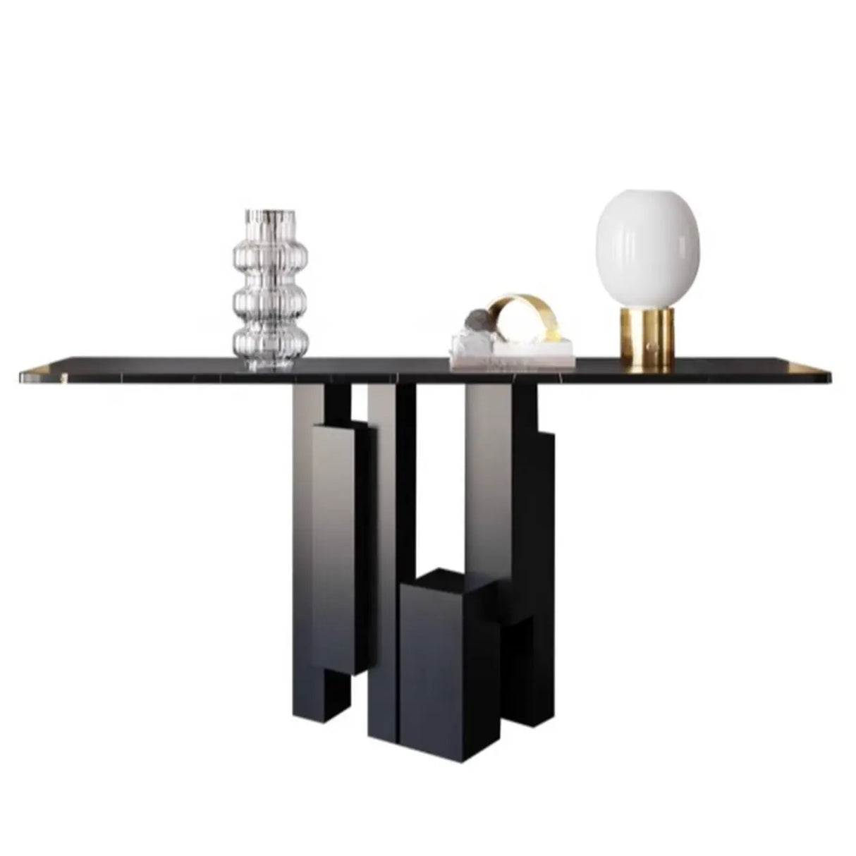 Modish Black Metal Pedestal Stone Rectangular Console Table Image - 7