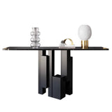 Modish Black Metal Pedestal Stone Rectangular Console Table Image - 7