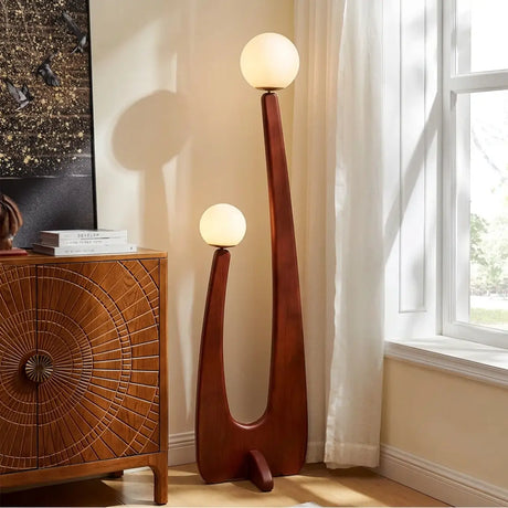 Modish Double Globe Brown Wooden Yoji Floor Lamp Image - 1