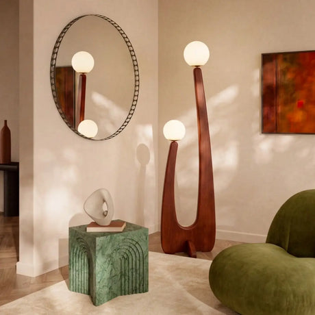 Modish Double Globe Brown Wooden Yoji Floor Lamp Image - 2