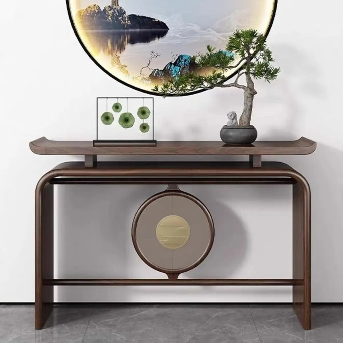 Modish Entryway Sled Walnut Round Accent Console Table Image - 1