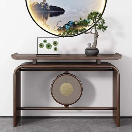 Modish Entryway Sled Walnut Round Accent Console Table Image - 1