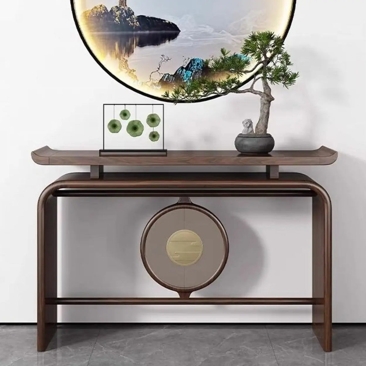 Modish Entryway Sled Walnut Round Accent Console Table Image - 1