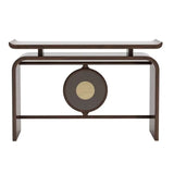 Modish Entryway Sled Walnut Round Accent Console Table Image - 2