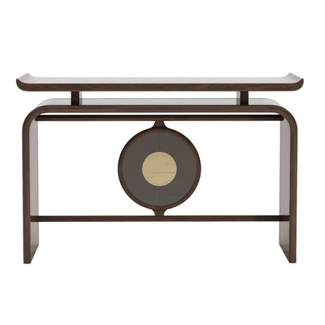 Modish Entryway Sled Walnut Round Accent Console Table Image - 2