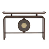 Modish Entryway Sled Walnut Round Accent Console Table Image - 2