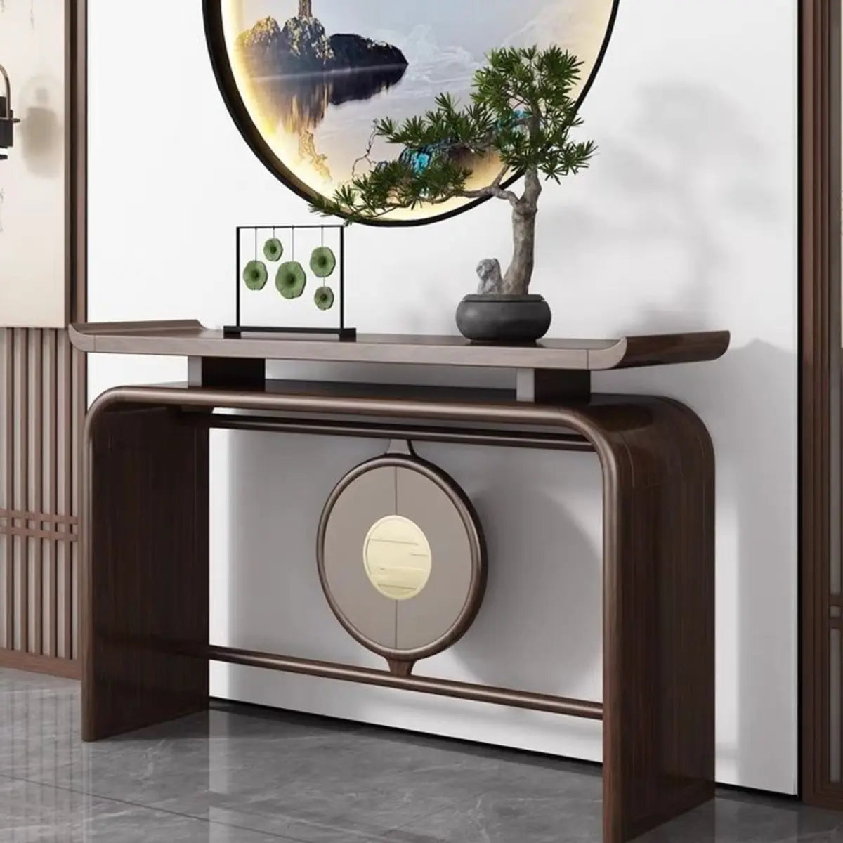 Modish Entryway Sled Walnut Round Accent Console Table Image - 3