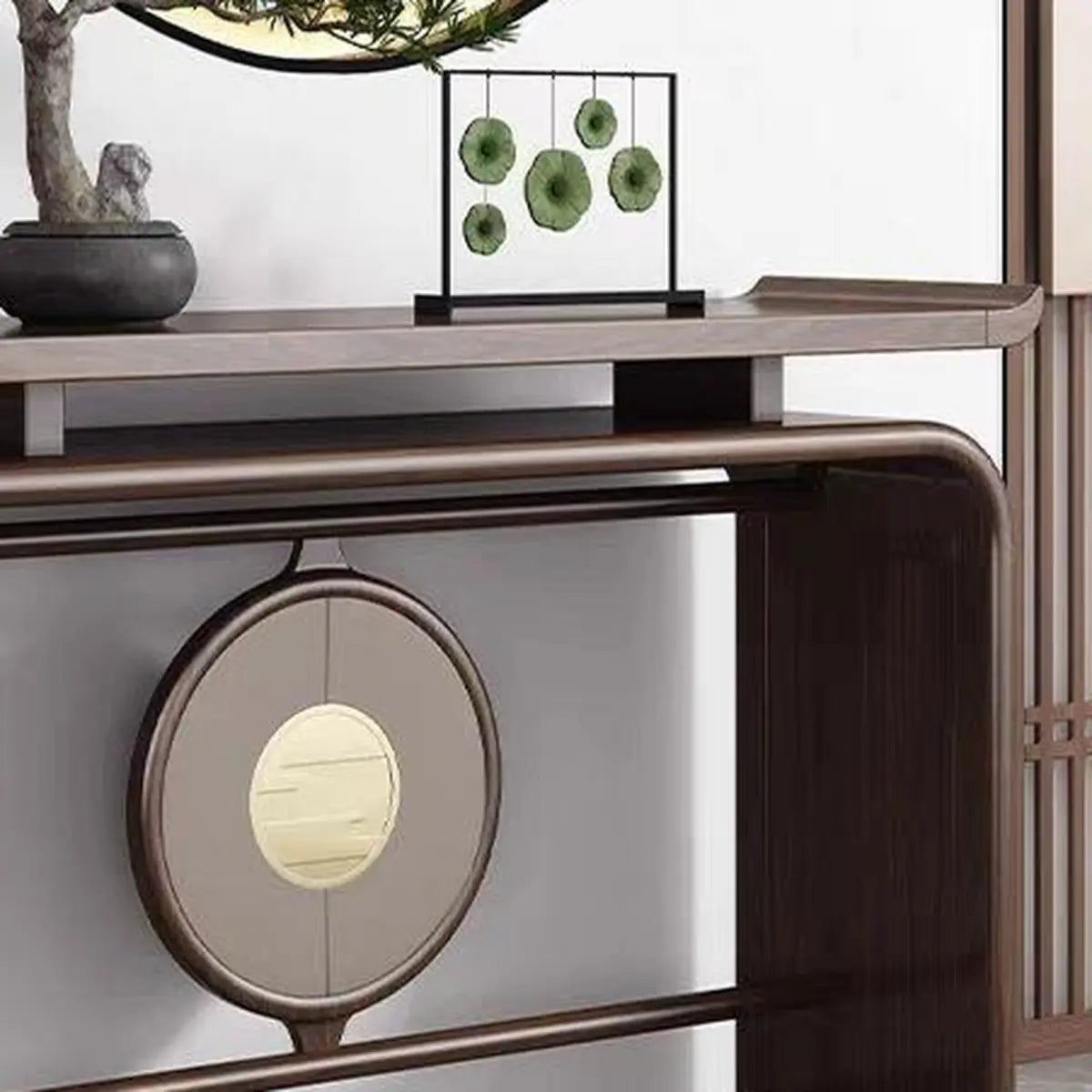 Modish Entryway Sled Walnut Round Accent Console Table Image - 5