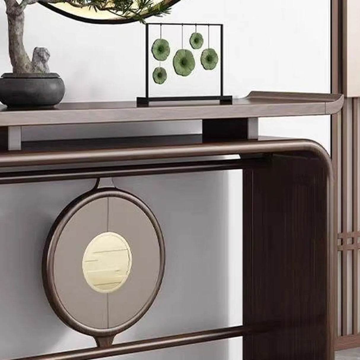 Modish Entryway Sled Walnut Round Accent Console Table Image - 5