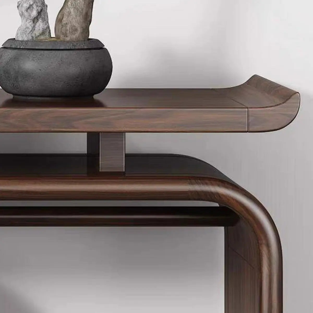 Modish Entryway Sled Walnut Round Accent Console Table Image - 6
