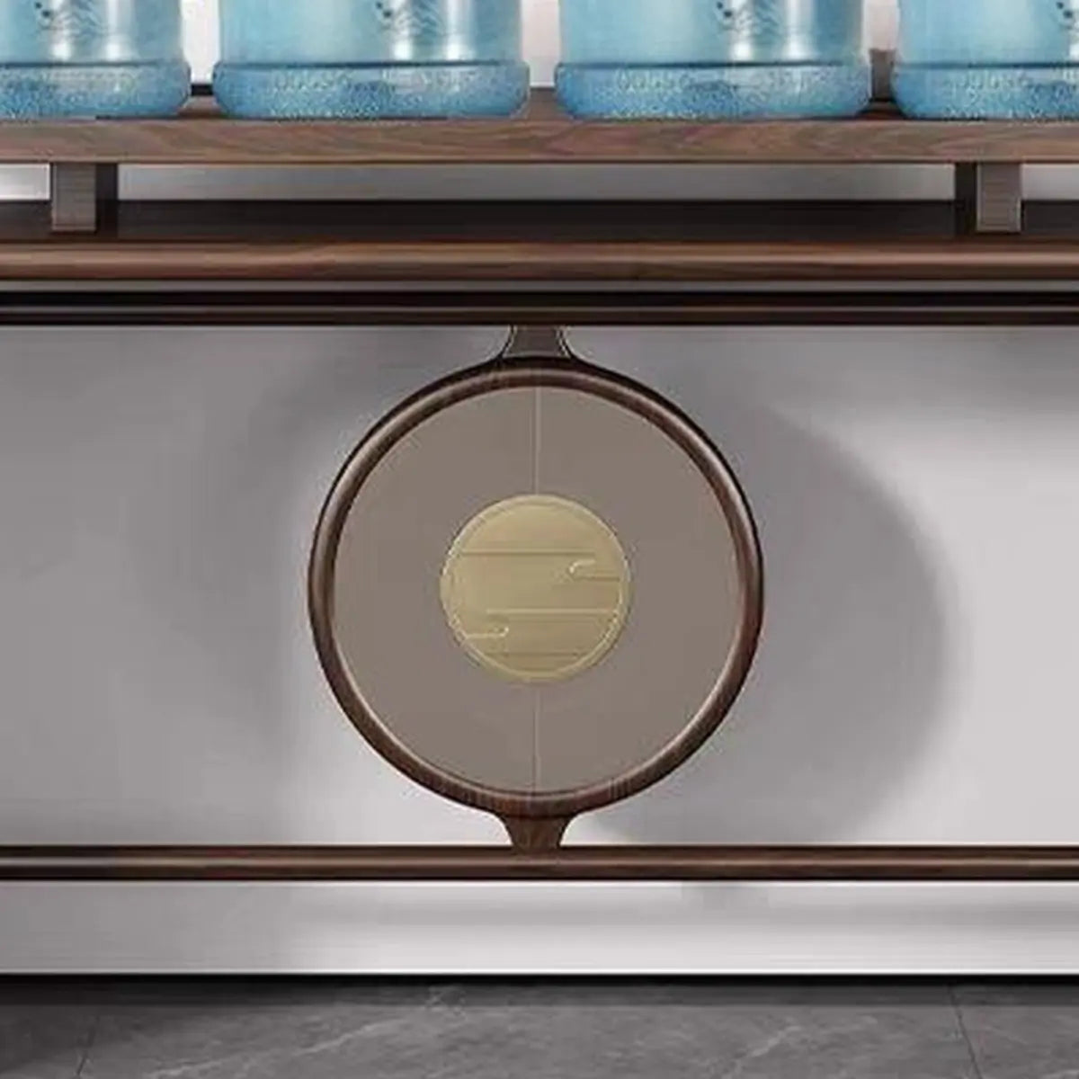 Modish Entryway Sled Walnut Round Accent Console Table Image - 7