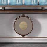Modish Entryway Sled Walnut Round Accent Console Table Image - 7