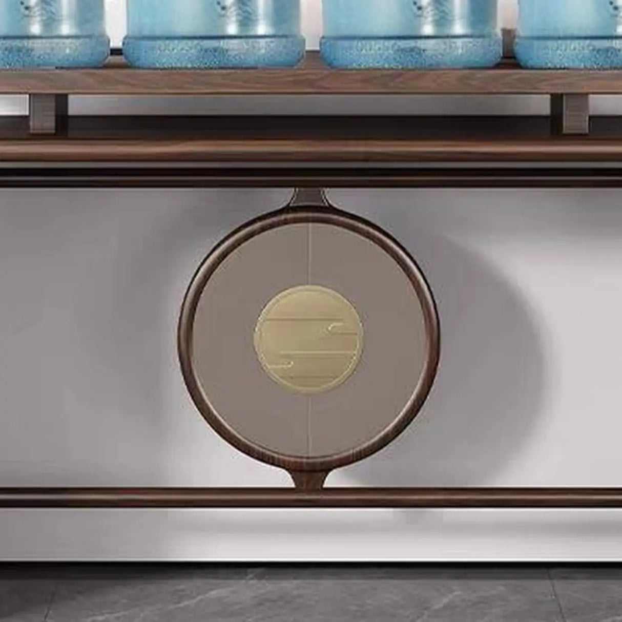 Modish Entryway Sled Walnut Round Accent Console Table Image - 7