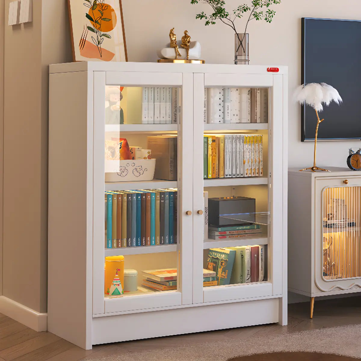 Modish French Glass Doors Vertical Steel Bookcases Image - 3