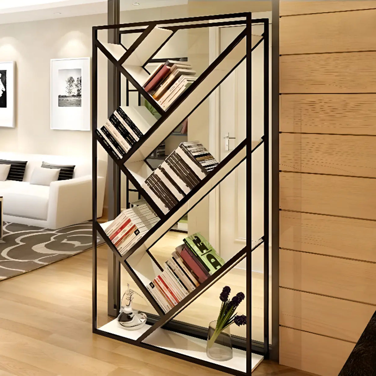 Modish Geometric Alloy Etagere Display Bookcase Black Image - 3
