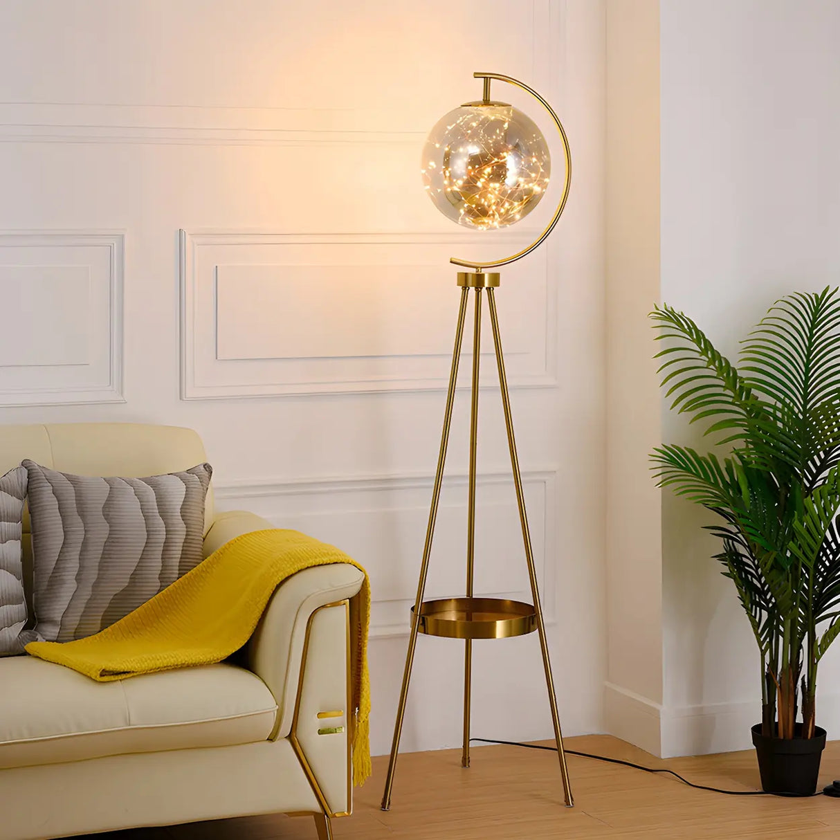 Modish Globe Black Metal Floor Lamp with Shelf Image - 3