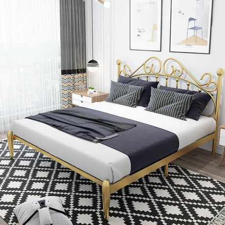 Modish Gold Queen Metal Modern Slat Bed with Headboard Image - 1