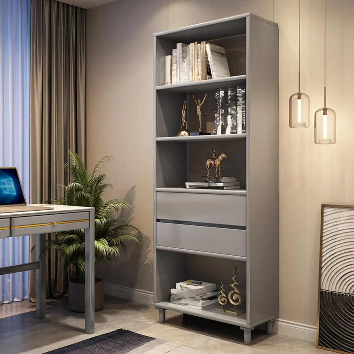 Modish Gray Vertical Wood Drawers Storage Bookcase Image - 1