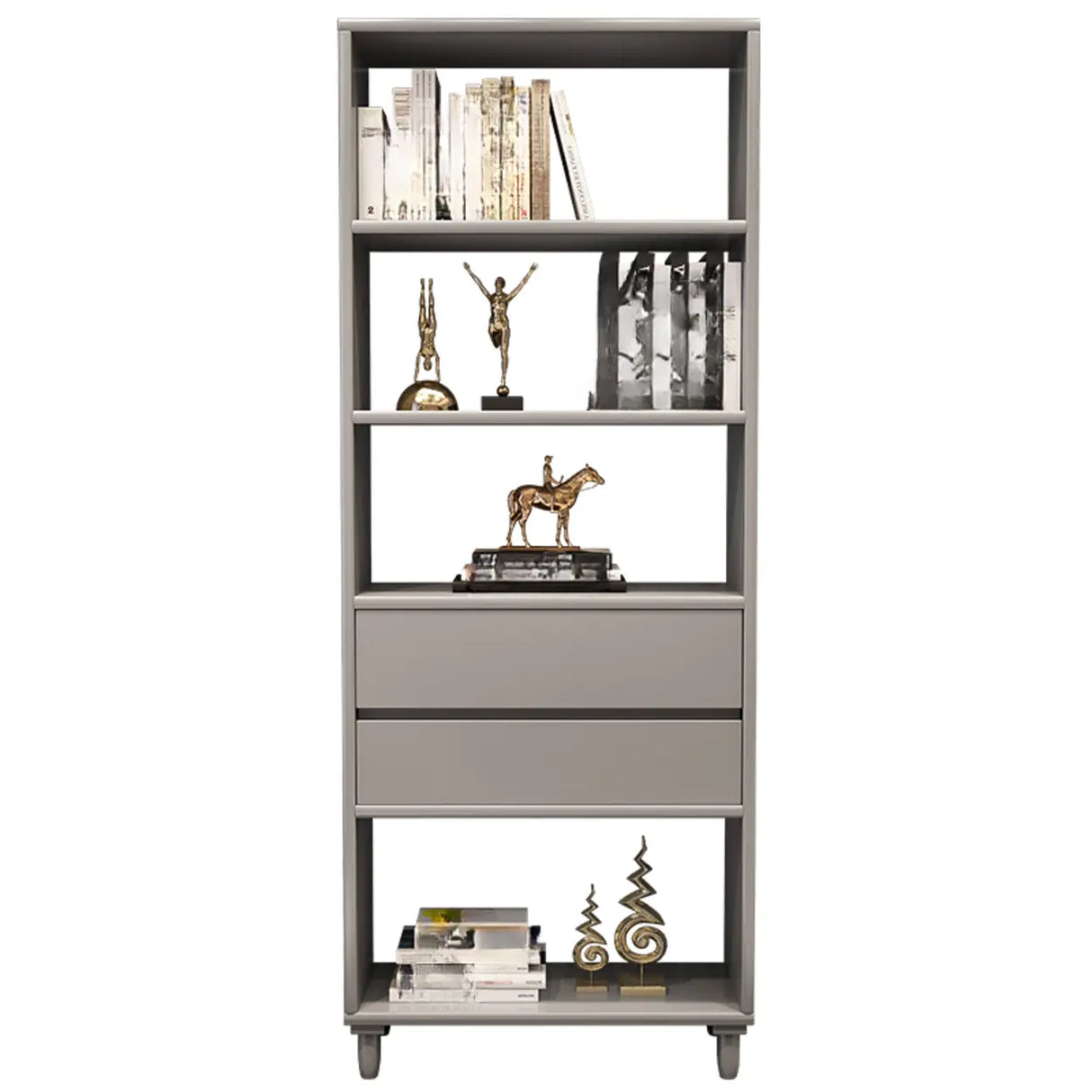 Modish Gray Vertical Wood Drawers Storage Bookcase Image - 10