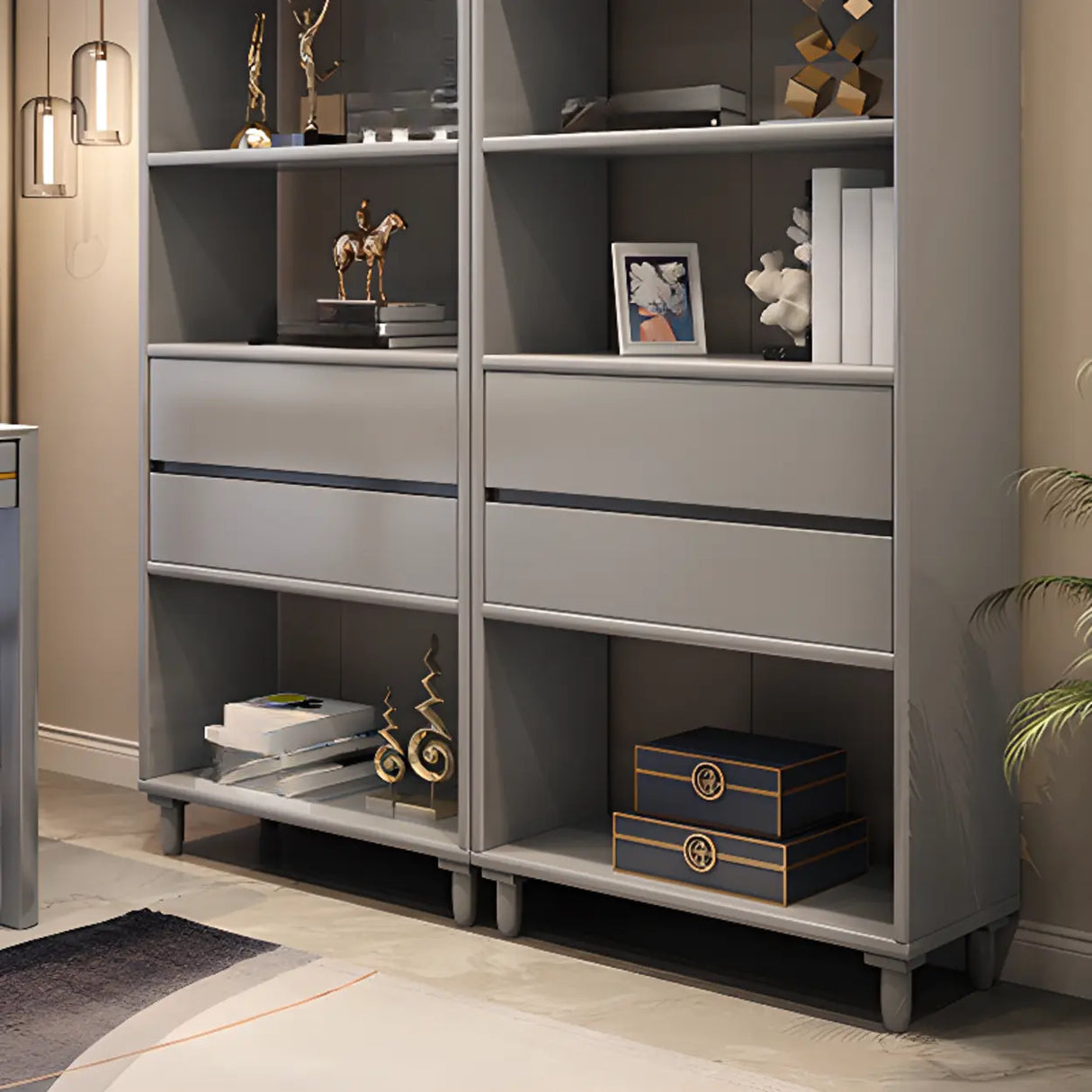 Modish Gray Vertical Wood Drawers Storage Bookcase Image - 15
