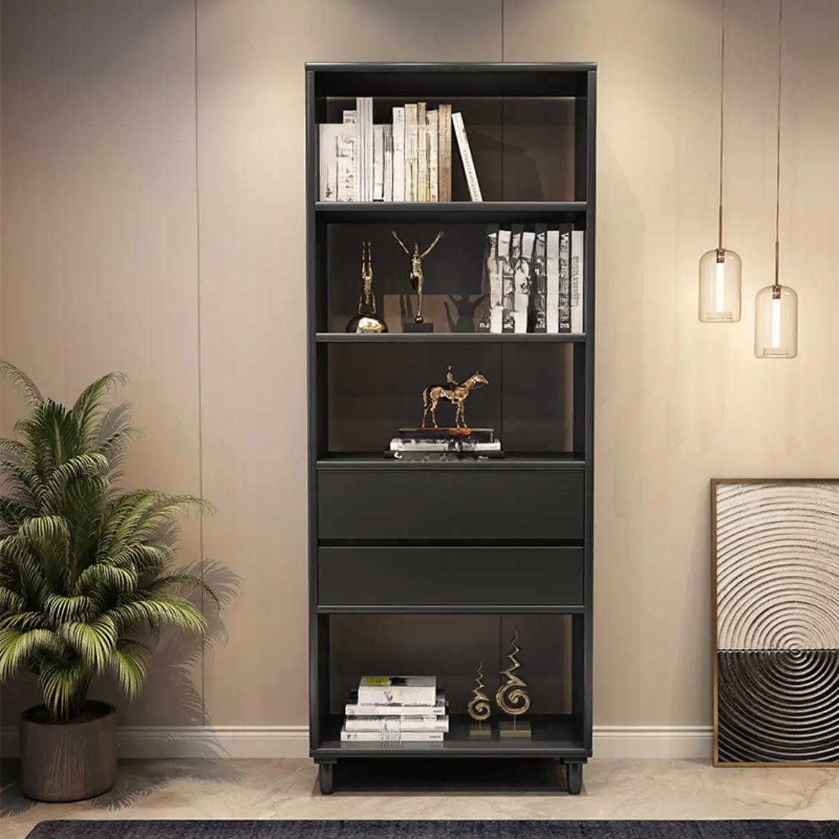 Modish Gray Vertical Wood Drawers Storage Bookcase Image - 2