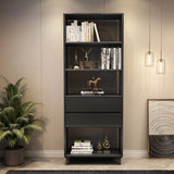 Modish Gray Vertical Wood Drawers Storage Bookcase Image - 2