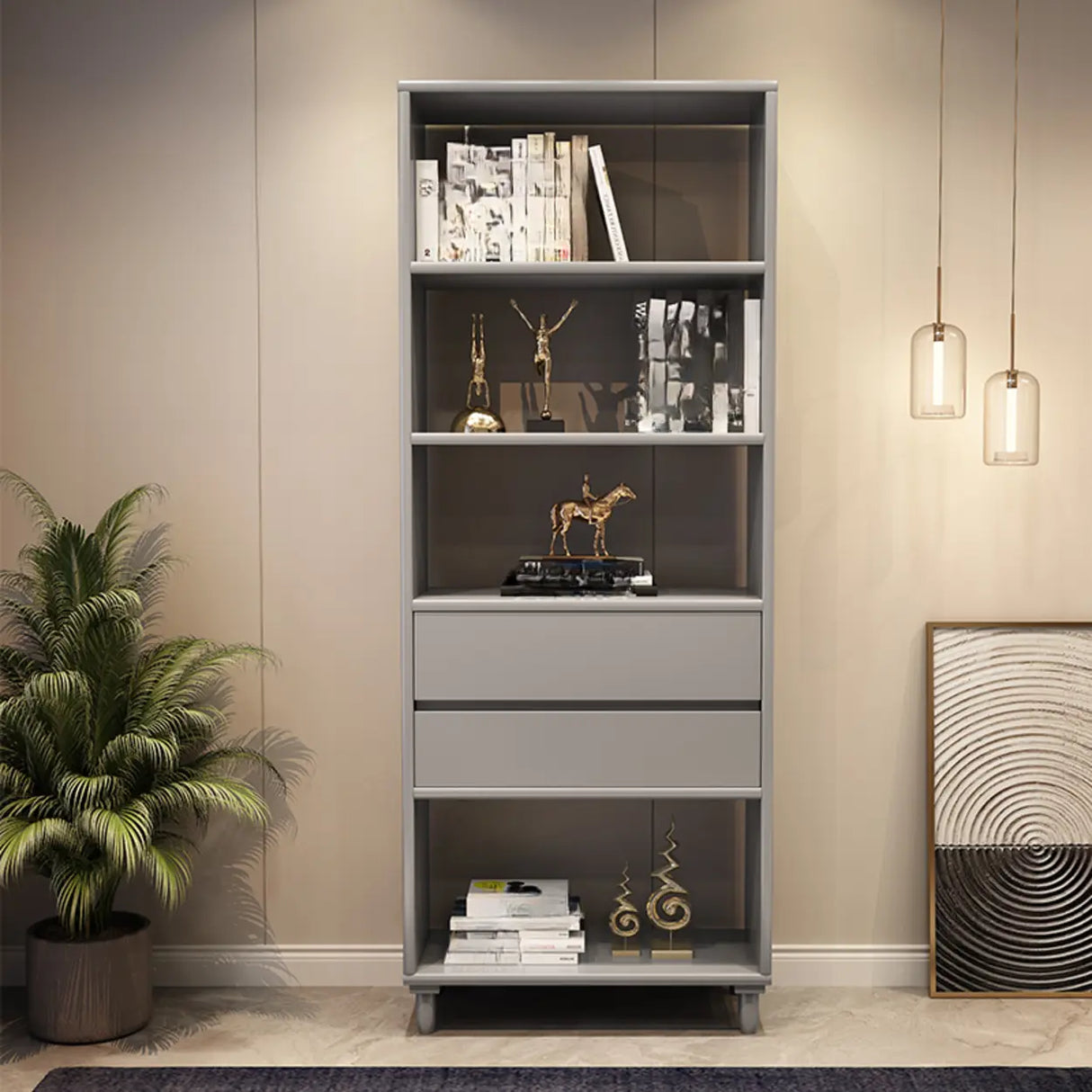 Modish Gray Vertical Wood Drawers Storage Bookcase Image - 3