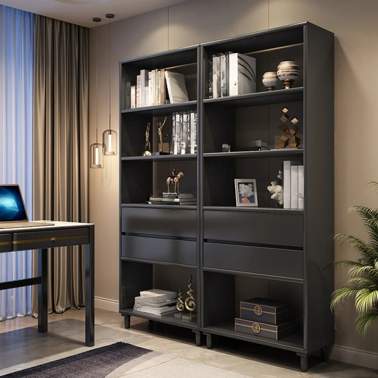 Modish Gray Vertical Wood Drawers Storage Bookcase Image - 4