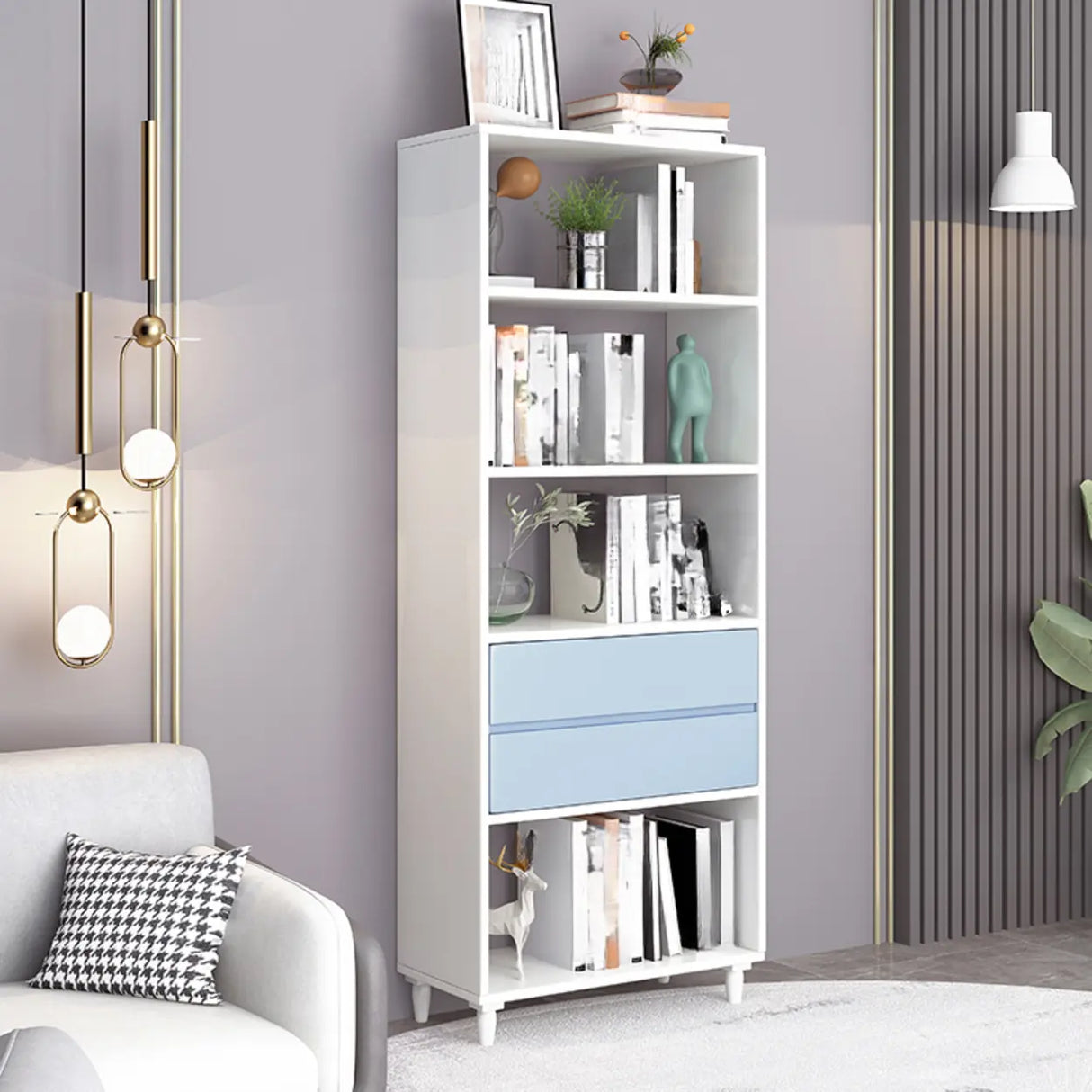 Modish Gray Vertical Wood Drawers Storage Bookcase Image - 5