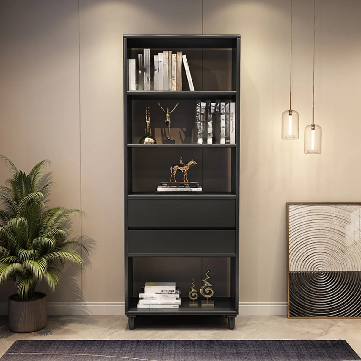 Modish Gray Vertical Wood Drawers Storage Bookcase Image - 6